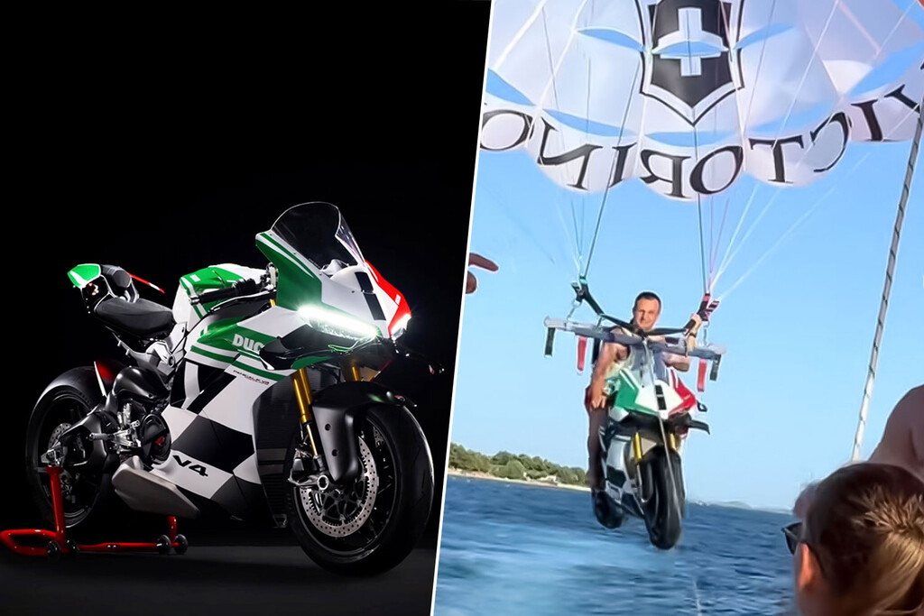 Un millonario ha dejado la imagen más rocambolesca del verano: una Ducati de 75.000 euros volando en un parapente atado a una lancha